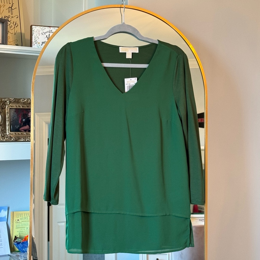 Michael Kors Sariyah Mix Material Blouse NWT ~ Green Size XS